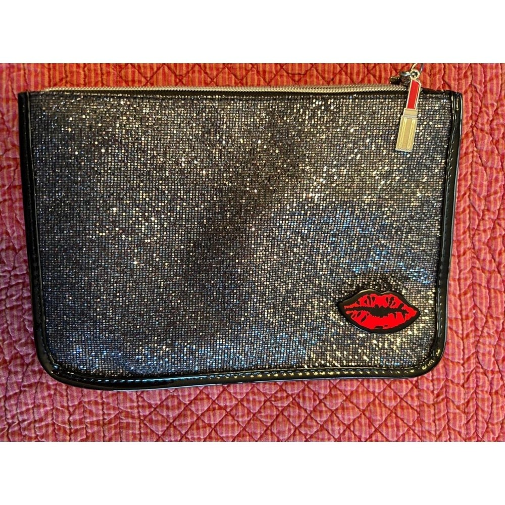 Silver Black Glitter Makeup Cosmetic Evening Bag Lips Charm Lipstick Zipper Pull